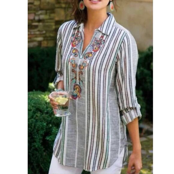 Soft Surrounding Brookhaven Tunic V Neck Floral Embroidered Striped Size L Boho - Picture 11 of 12